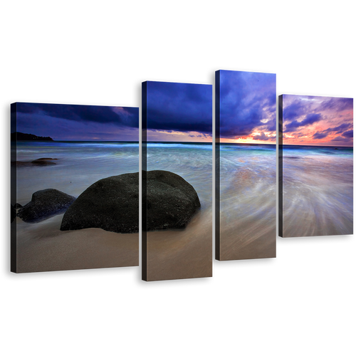 Ocean Rocks Canvas Print, Thailand Sand Grey Rocks Multi Panel Canvas, Blue Cloudy Sunset Sky Sea 4 Piece Canvas Wall Art