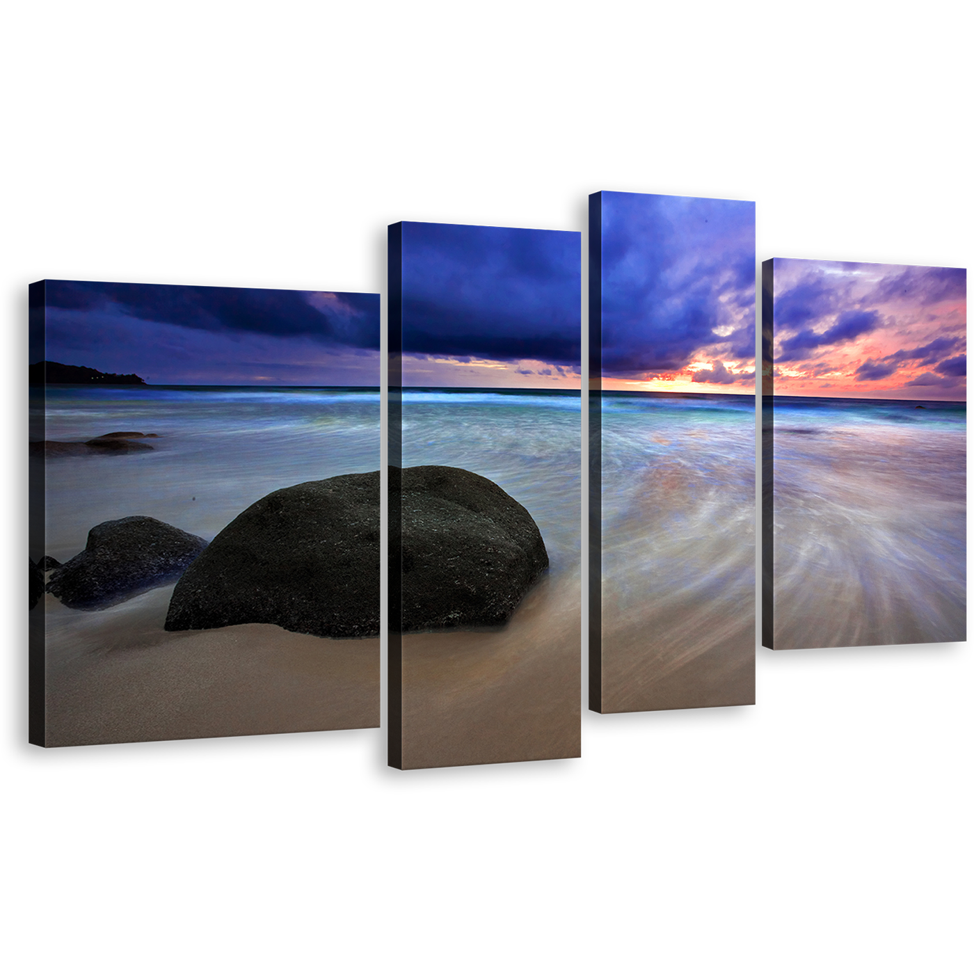 Ocean Rocks Canvas Print, Thailand Sand Grey Rocks Multi Panel Canvas, Blue Cloudy Sunset Sky Sea 4 Piece Canvas Wall Art