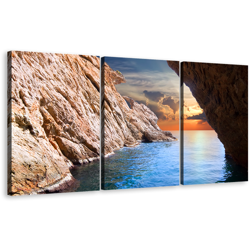 Ocean Rocks Canvas Print, Yellow Cloudy Sunset Sky Multiple Canvas, Blue Ocean Inside Brown Cave Ocean 3 Piece Wall Art