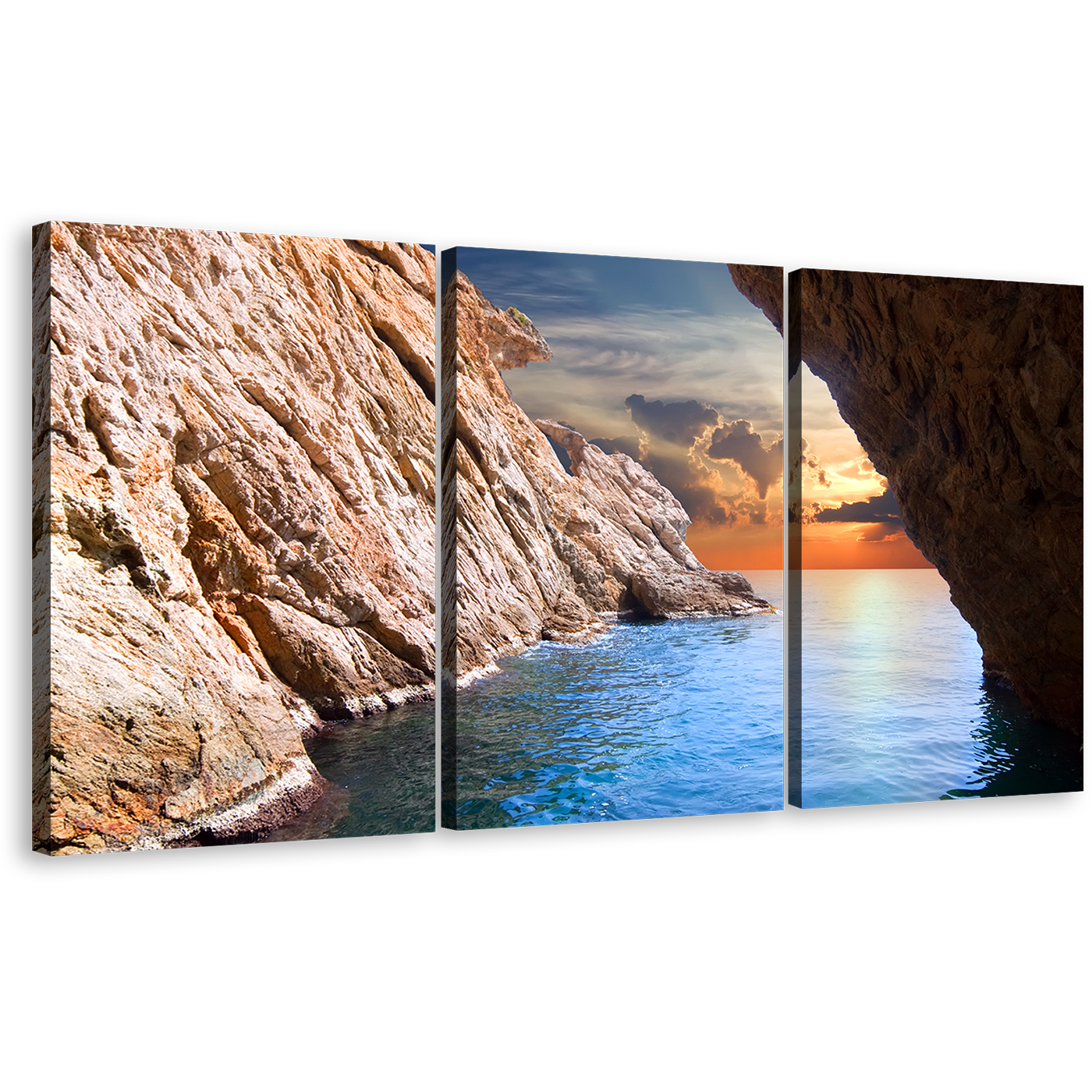 Ocean Rocks Canvas Print, Yellow Cloudy Sunset Sky Multiple Canvas, Blue Ocean Inside Brown Cave Ocean 3 Piece Wall Art