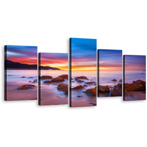 Ocean Rocks Canvas Print, Yellow Sunset Seascape Ocean Sky Wall Art, Brown California Coast Boulders 5 Piece Multiple Canvas