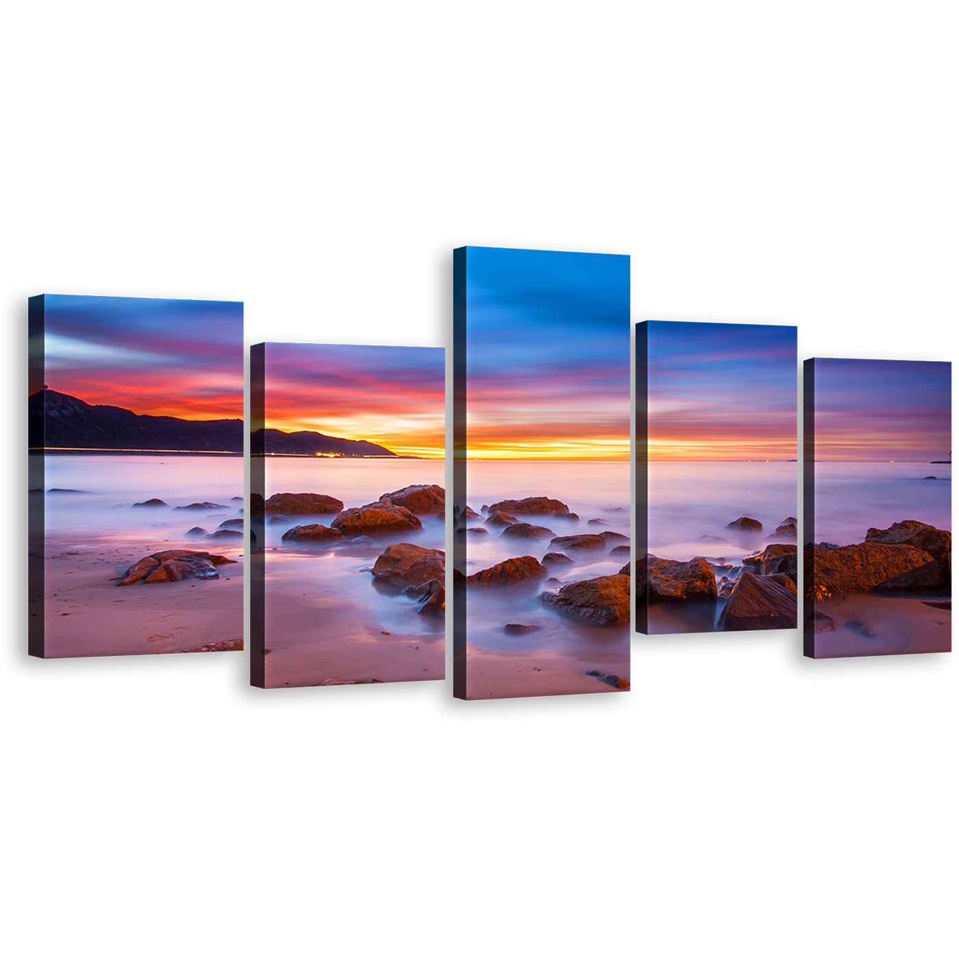 Ocean Rocks Canvas Print, Yellow Sunset Seascape Ocean Sky Wall Art, Brown California Coast Boulders 5 Piece Multiple Canvas