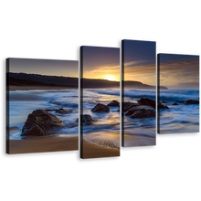 Load image into Gallery viewer, Ocean Rocks Canvas Wall Art, Australia Blue Ocean Canvas Print, Yellow Sunset Killcare Beach 4 Piece Canvas Set
