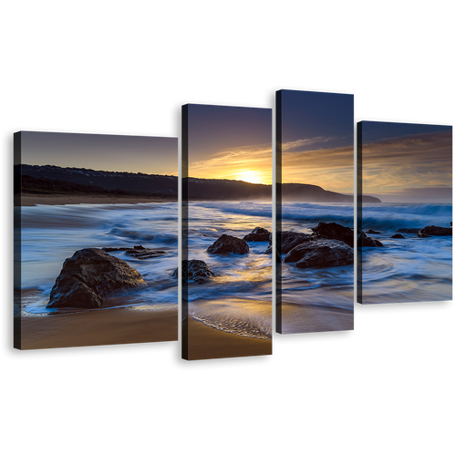 Ocean Rocks Canvas Wall Art, Australia Blue Ocean Canvas Print, Yellow Sunset Killcare Beach 4 Piece Canvas Set