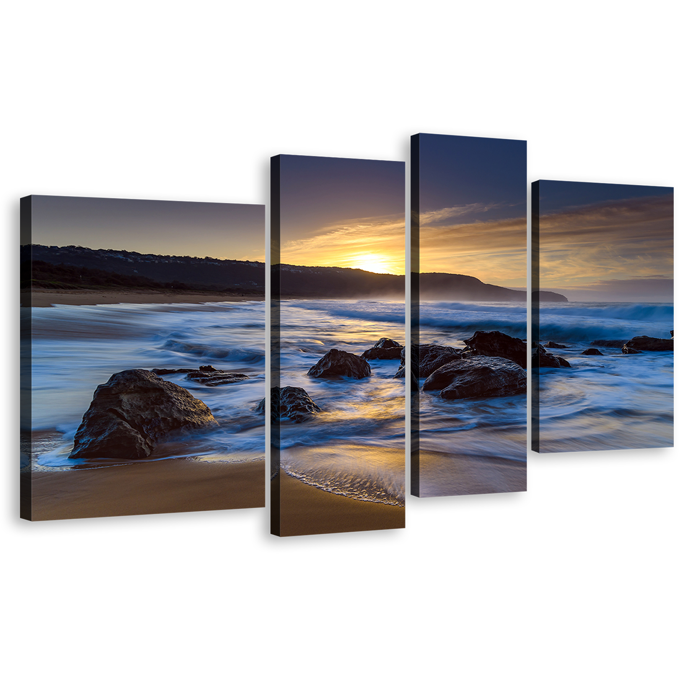 Ocean Rocks Canvas Wall Art, Australia Blue Ocean Canvas Print, Yellow Sunset Killcare Beach 4 Piece Canvas Set