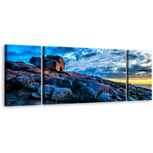 Load image into Gallery viewer, Ocean Rocks Canvas Wall Art, Australia Yellow Sky Ocean 3 Piece Canvas Set, Merimbula Blue Short Point Ocean Canvas Print
