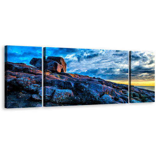 Ocean Rocks Canvas Wall Art, Australia Yellow Sky Ocean 3 Piece Canvas Set, Merimbula Blue Short Point Ocean Canvas Print