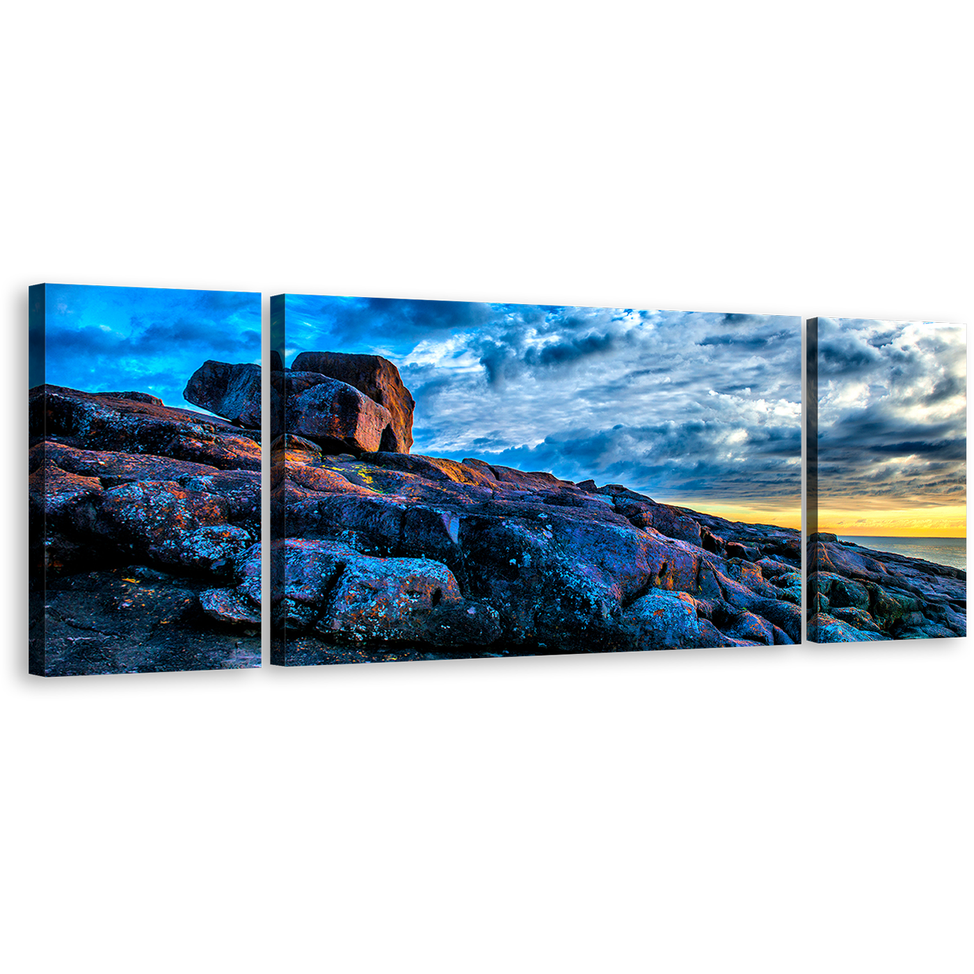 Ocean Rocks Canvas Wall Art, Australia Yellow Sky Ocean 3 Piece Canvas Set, Merimbula Blue Short Point Ocean Canvas Print