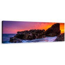 Load image into Gallery viewer, Ocean Rocks Canvas Wall Art, Blue Laguna Beach 1 Piece Canvas Print, Orange Pacific Ocean Sunset Canvas Artwork, California Woods Cove Wide Canvas
