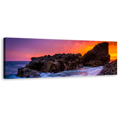 Ocean Rocks Canvas Wall Art, Blue Laguna Beach 1 Piece Canvas Print, Orange Pacific Ocean Sunset Canvas Artwork, California Woods Cove Wide Canvas