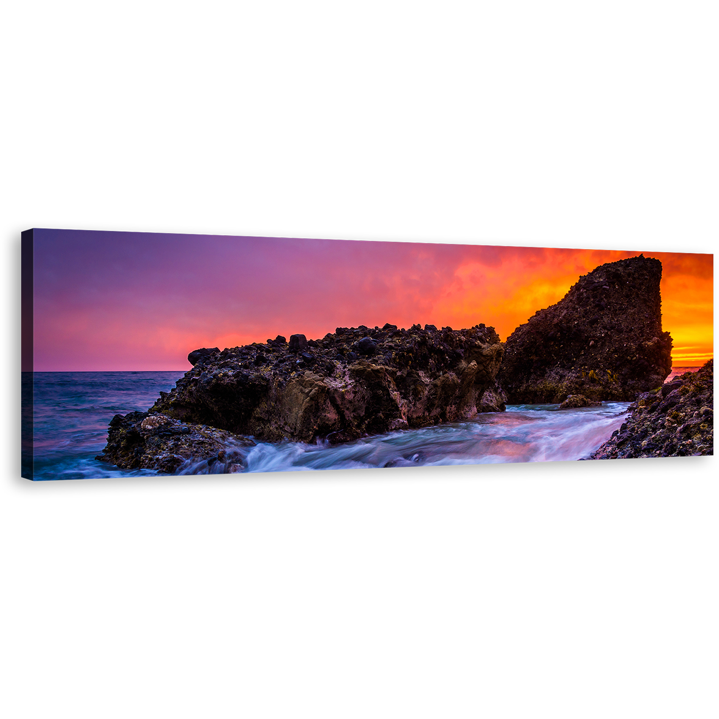 Ocean Rocks Canvas Wall Art, Blue Laguna Beach 1 Piece Canvas Print, Orange Pacific Ocean Sunset Canvas Artwork, California Woods Cove Wide Canvas