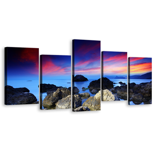 Ocean Rocks Canvas Wall Art, Blue Sea Stony Beach 5 Piece Multi Canvas Artwork, Dramatic Red Sky Ocean Canvas Print