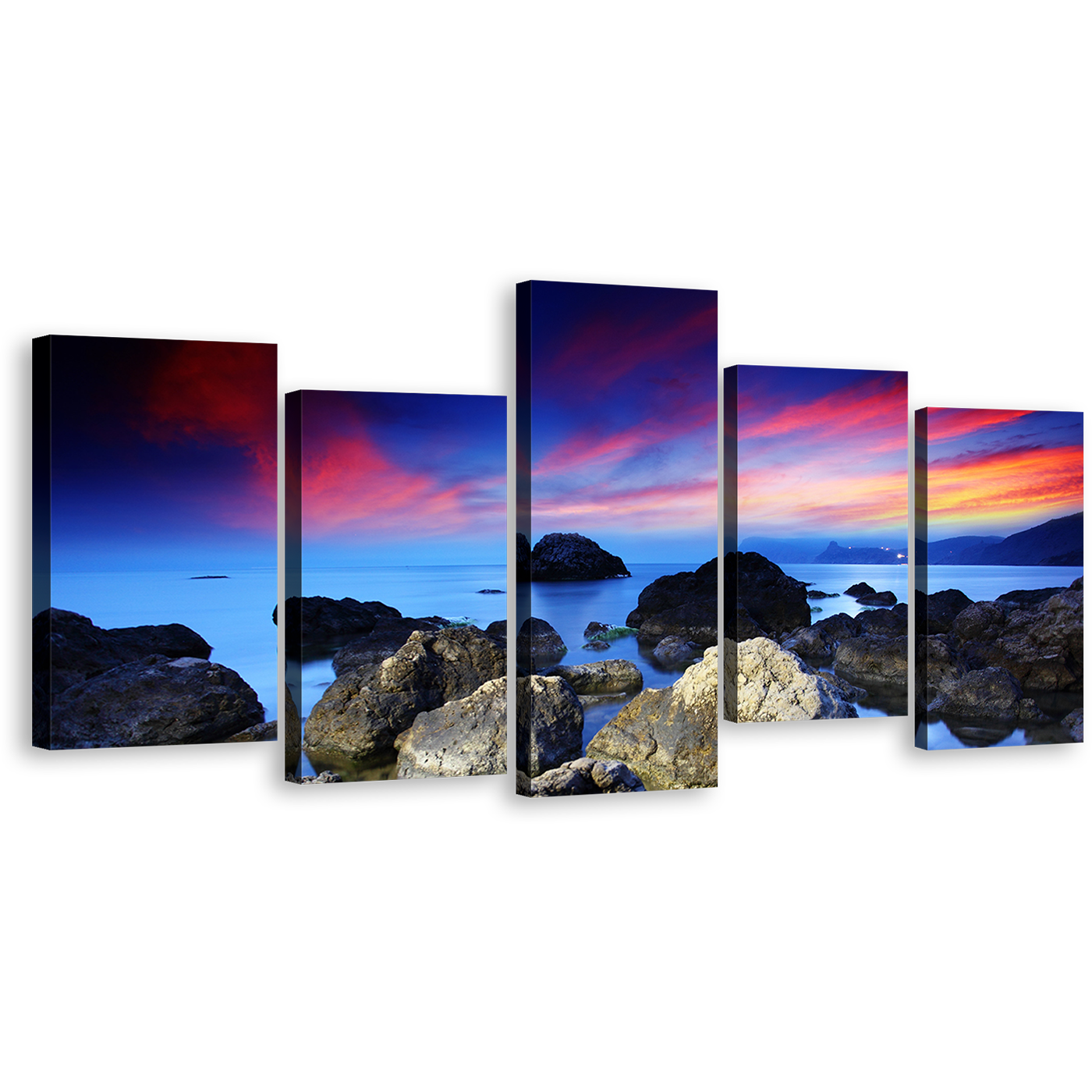 Ocean Rocks Canvas Wall Art, Blue Sea Stony Beach 5 Piece Multi Canvas Artwork, Dramatic Red Sky Ocean Canvas Print