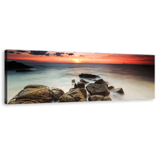 Load image into Gallery viewer, Ocean Rocks Canvas Wall Art, Brown Ocean Boulders Canvas Print, Cloudy Red Yellow Sea Panorama Canvas
