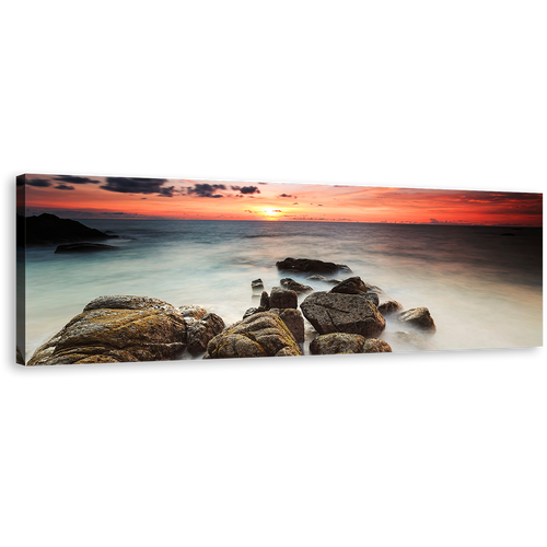 Ocean Rocks Canvas Wall Art, Brown Ocean Boulders Canvas Print, Cloudy Red Yellow Sea Panorama Canvas