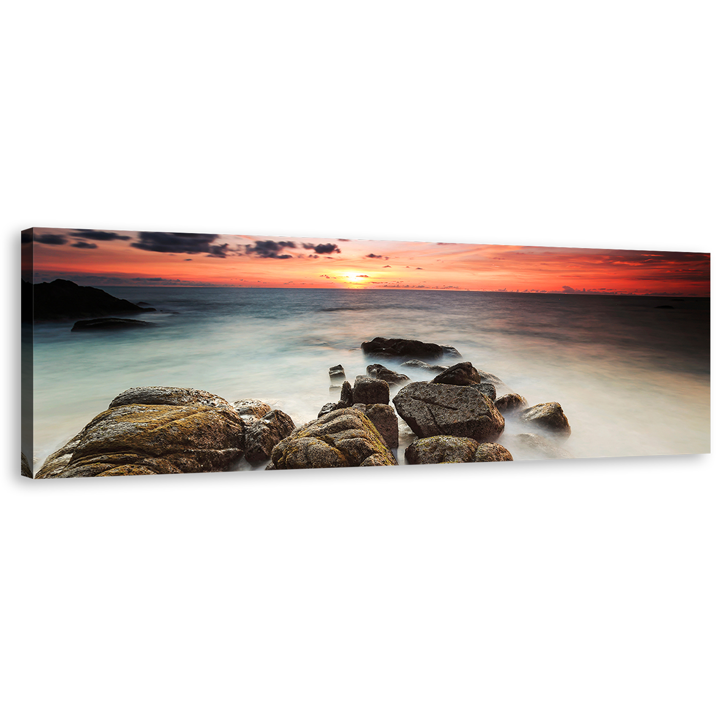 Ocean Rocks Canvas Wall Art, Brown Ocean Boulders Canvas Print, Cloudy Red Yellow Sea Panorama Canvas