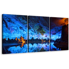 Load image into Gallery viewer, Ocean Rocks Canvas Wall Art, Brown Rocks Crystal Palace 3 Piece Canvas, Blue Guilin Reed Flute Caves Canvas Print, Orange Reflection on Ocean Rocks Canvas Set
