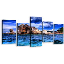 Load image into Gallery viewer, Ocean Rocks Canvas Wall Art, Brown Rocks Seascape Canvas Set, Blue Tempest Ocean Sky 5 Piece Canvas Print
