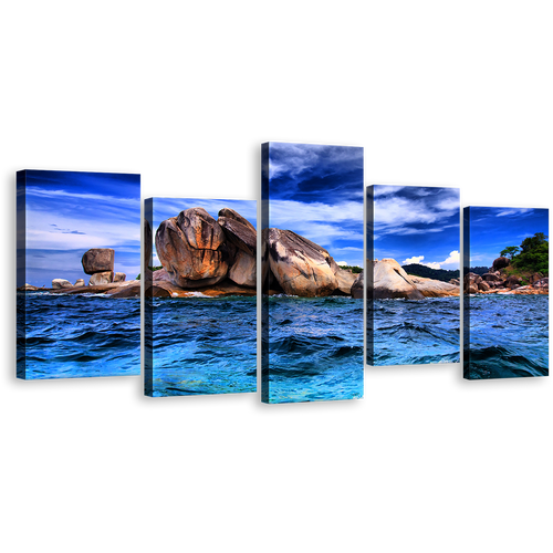 Ocean Rocks Canvas Wall Art, Brown Rocks Seascape Canvas Set, Blue Tempest Ocean Sky 5 Piece Canvas Print