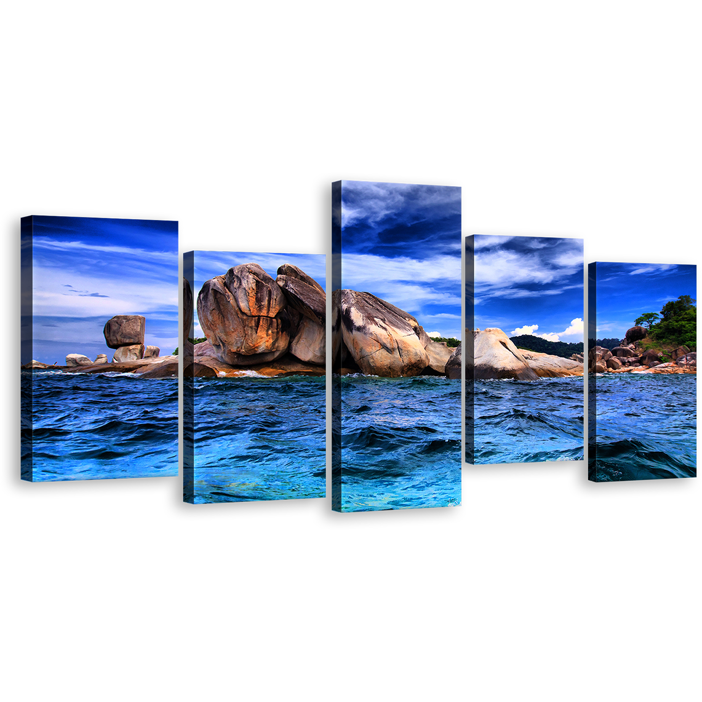 Ocean Rocks Canvas Wall Art, Brown Rocks Seascape Canvas Set, Blue Tempest Ocean Sky 5 Piece Canvas Print