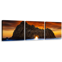 Load image into Gallery viewer, Ocean Rocks Canvas Wall Art, Burns State Park Keyhole Rock 3 Piece Canvas Print, Yellow Sunlight Shining Through Rock Multi Canvas, Blue Sunset Sky Ocean Canvas Set
