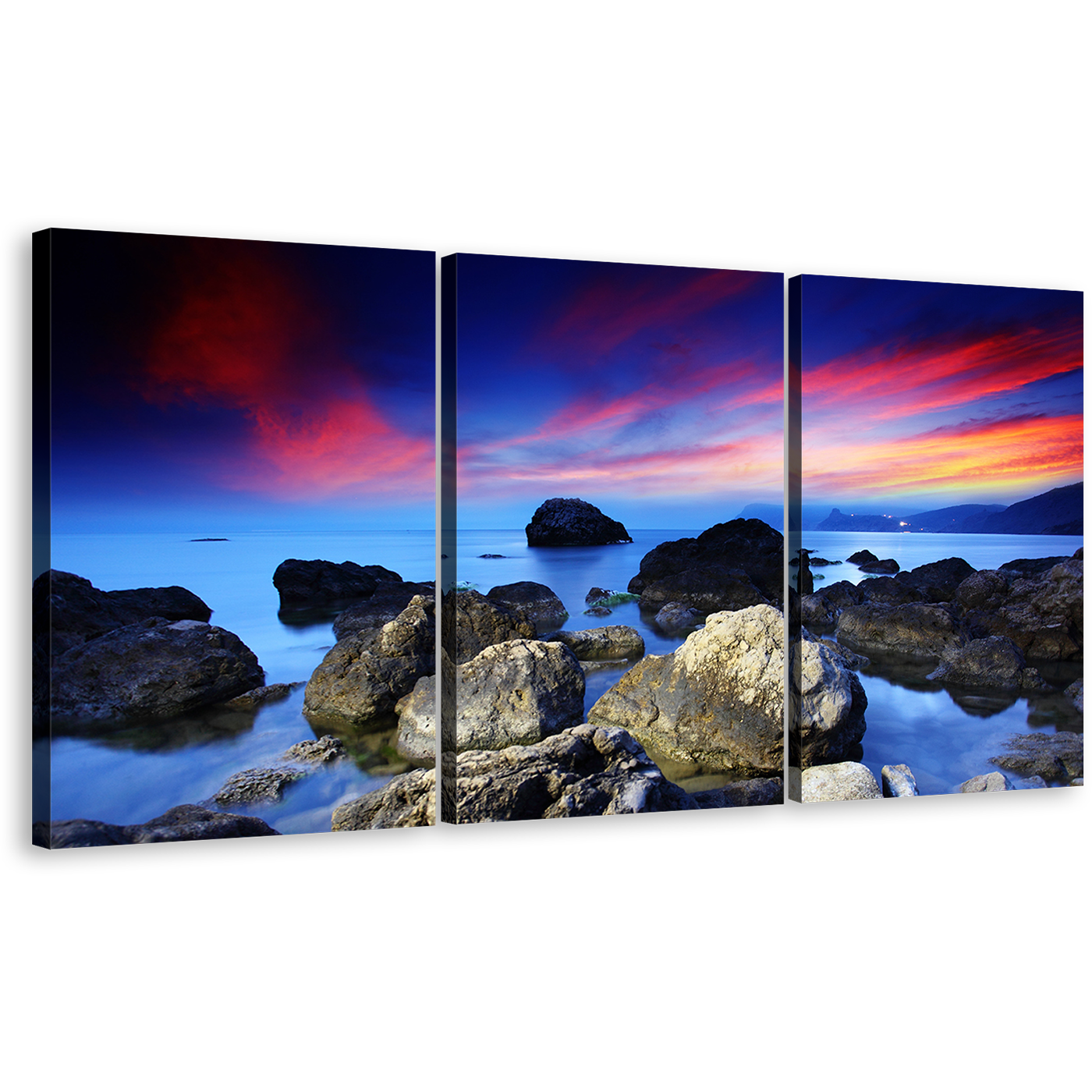 Ocean Rocks Canvas Wall Art, Dramatic Red Sky Seascape Canvas Print, Blue Sea Stony Beach Ocean 3 Piece Multiple Canvas