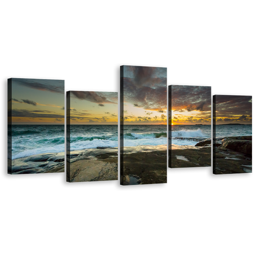 Ocean Rocks Canvas Wall Art, Dramatic Yellow Sky Ocean Multiple Canvas, Brown Ocean Landscape 5 Piece Canvas Print