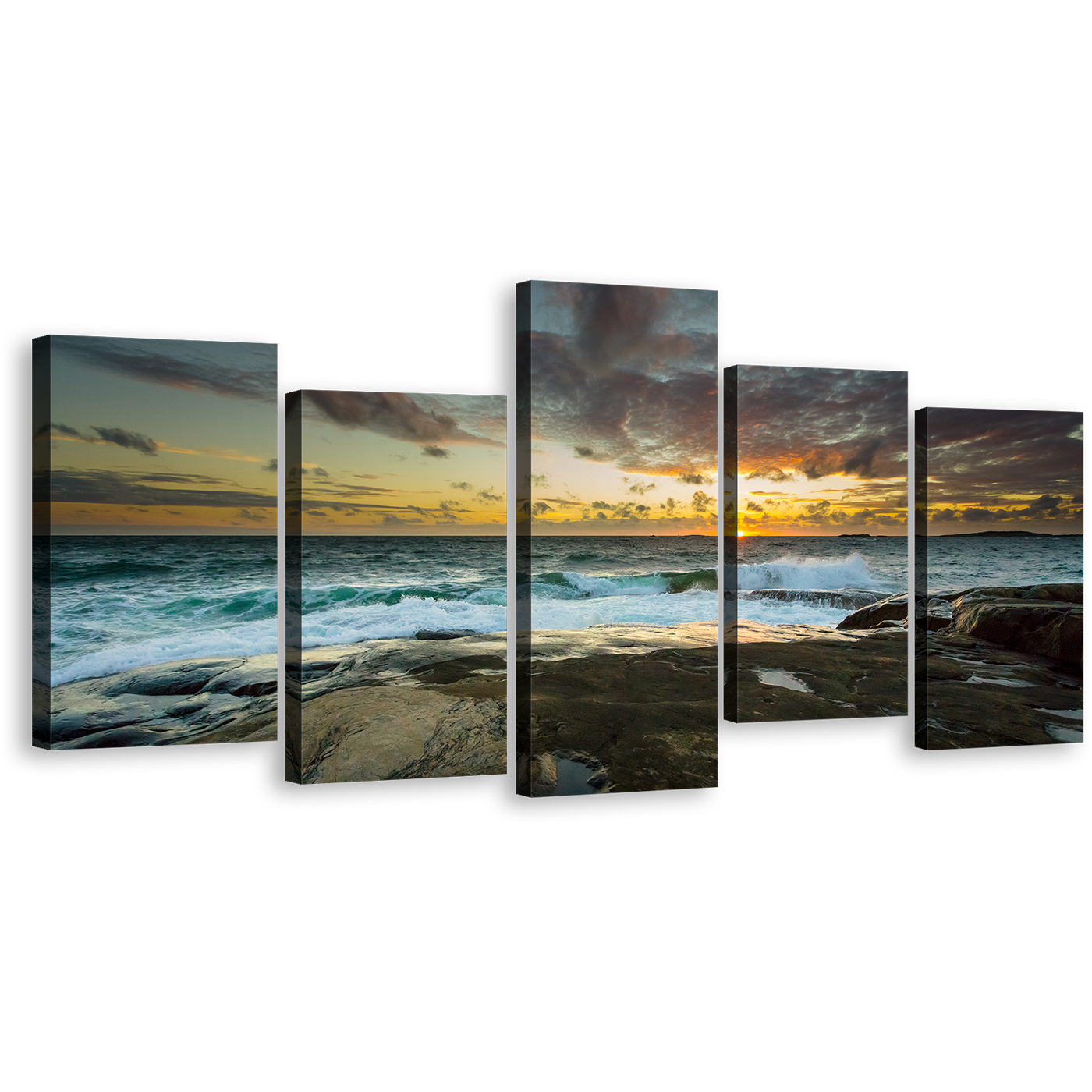 Ocean Rocks Canvas Wall Art, Dramatic Yellow Sky Ocean Multiple Canvas, Brown Ocean Landscape 5 Piece Canvas Print