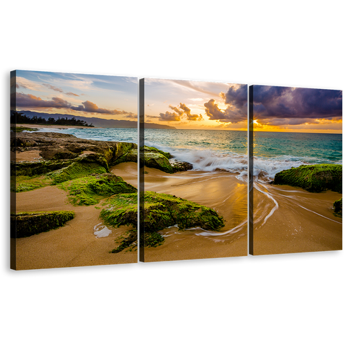 Ocean Rocks Canvas Wall Art, Green Ocean Scenery 3 Piece Canvas Set, Dramatic Cloudy Yellow Sky Ocean Triptych Canvas Print