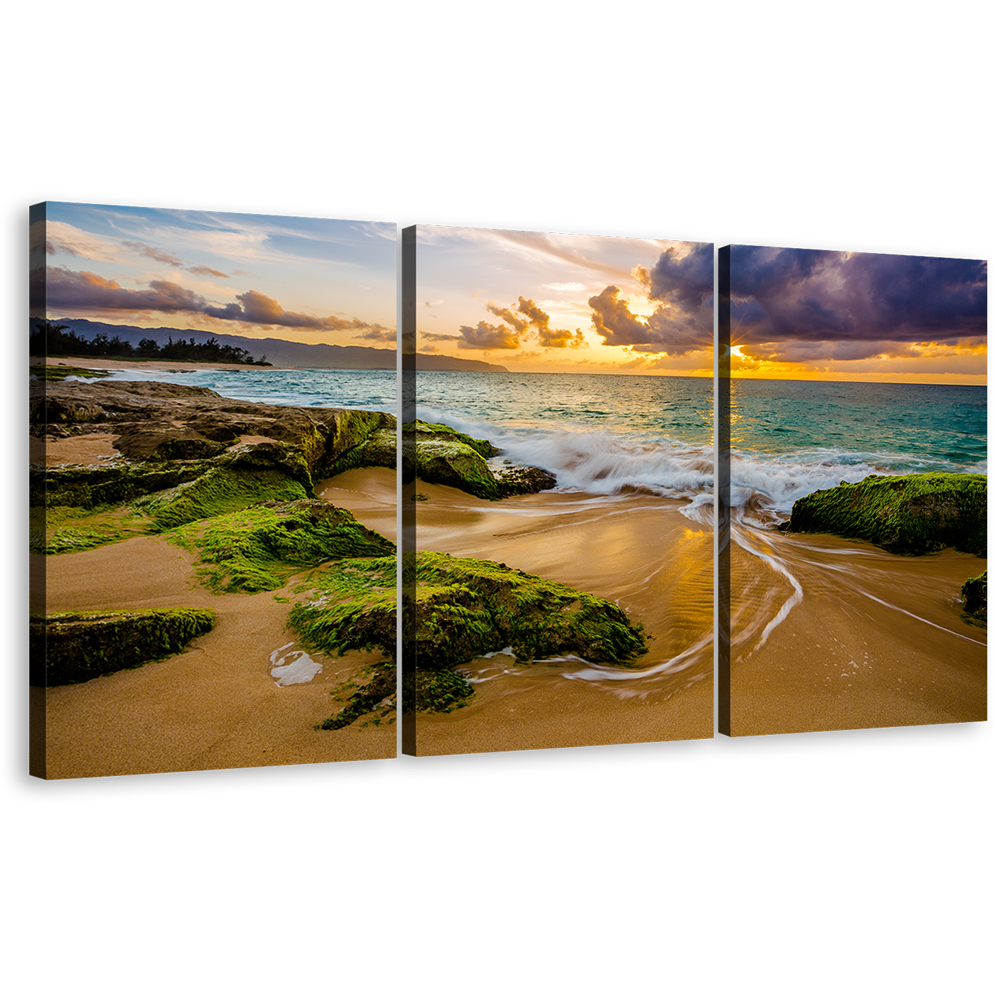 Ocean Rocks Canvas Wall Art, Green Ocean Scenery 3 Piece Canvas Set, Dramatic Cloudy Yellow Sky Ocean Triptych Canvas Print