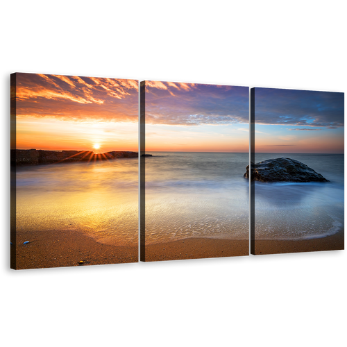 Ocean Rocks Canvas Wall Art, Orange Dawn Sky Streaming Canvas Print, Grey Calm Sea 3 Piece Canvas