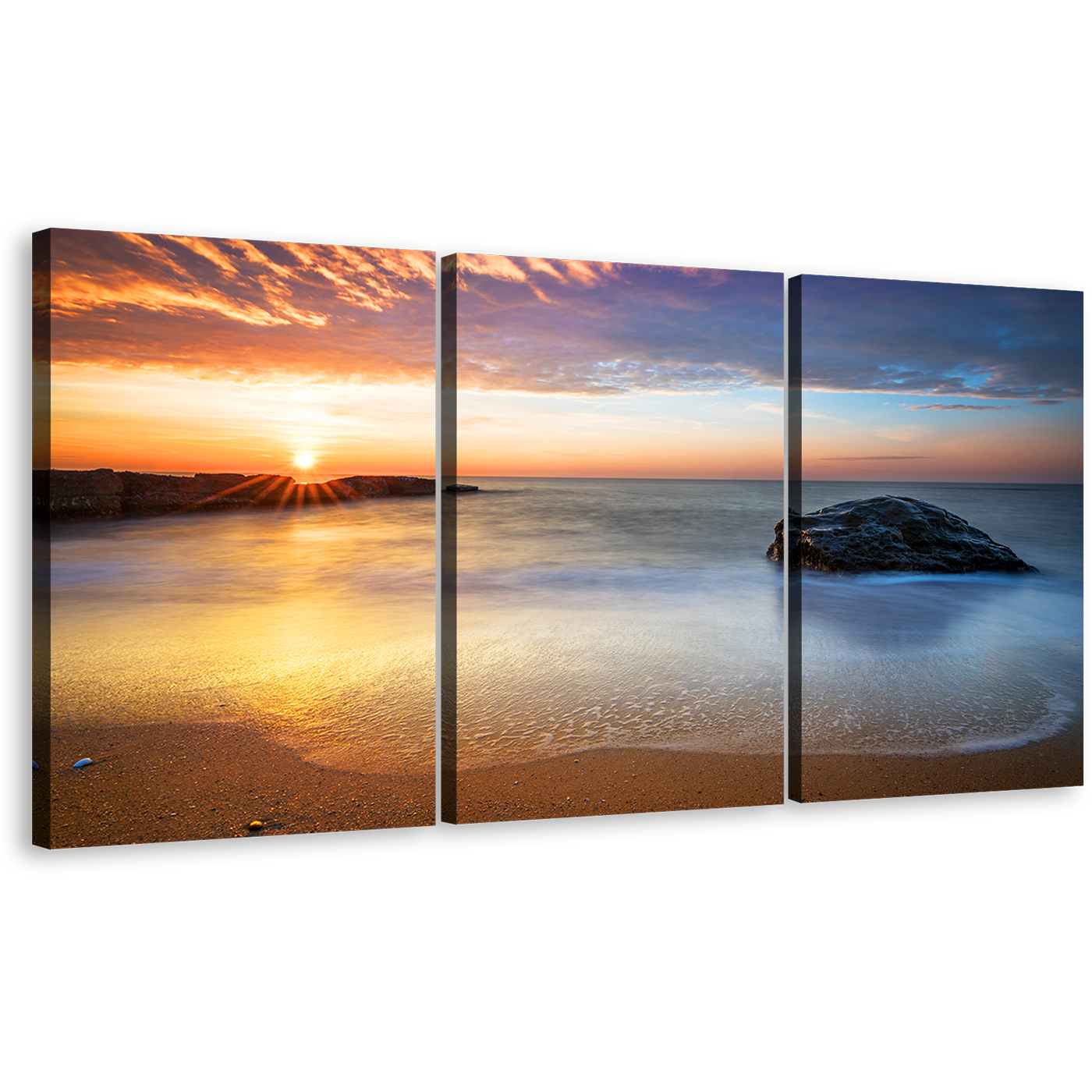 Ocean Rocks Canvas Wall Art, Orange Dawn Sky Streaming Canvas Print, Grey Calm Sea 3 Piece Canvas