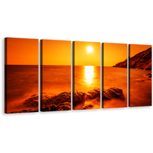 Load image into Gallery viewer, Ocean Rocks Canvas Wall Art, Thailand Yellow Sun Ocean Landscape 5 Piece Multi Canvas Artwork, Orange Sea Ocean Canvas Print
