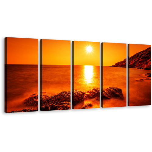 Ocean Rocks Canvas Wall Art, Thailand Yellow Sun Ocean Landscape 5 Piece Multi Canvas Artwork, Orange Sea Ocean Canvas Print