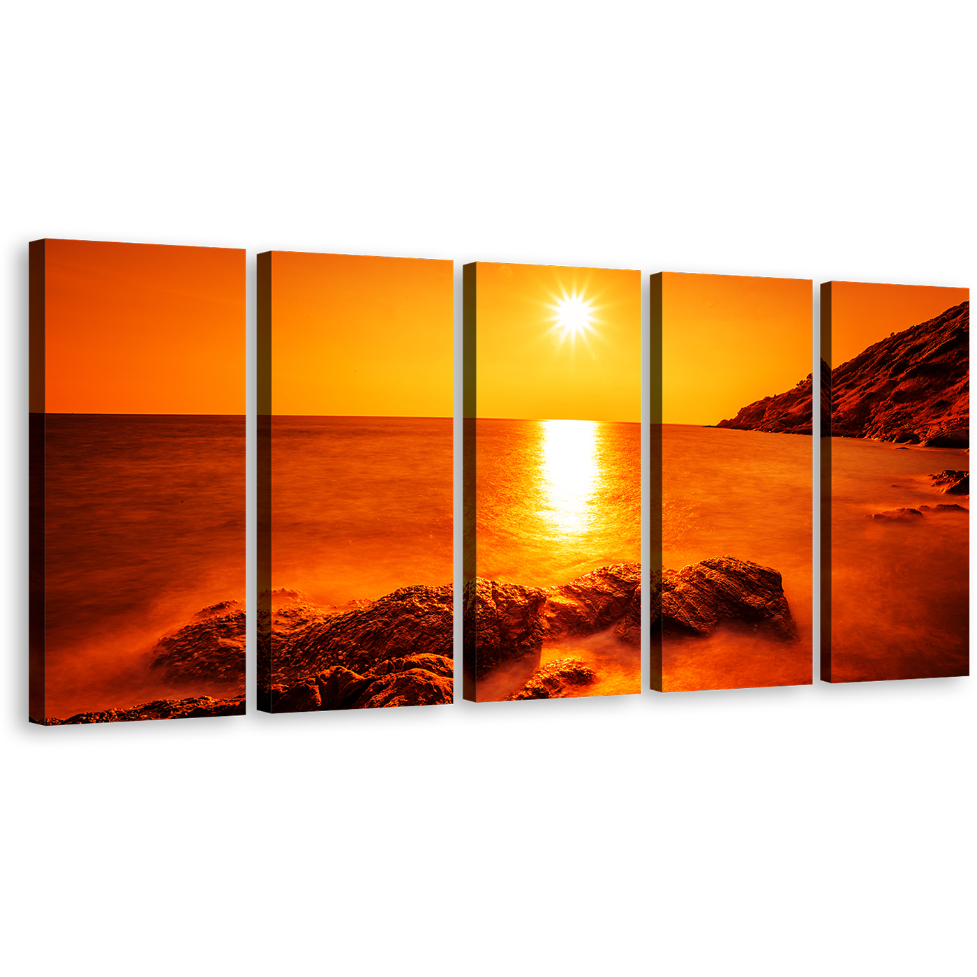 Ocean Rocks Canvas Wall Art, Thailand Yellow Sun Ocean Landscape 5 Piece Multi Canvas Artwork, Orange Sea Ocean Canvas Print