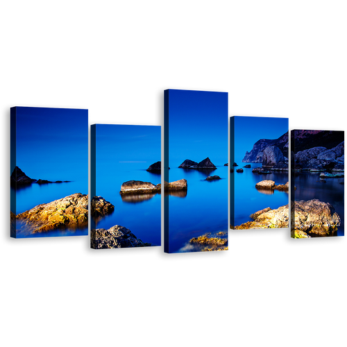 Ocean Rocks Canvas Wall Art, Ukraine Blue Ocean Multi Canvas Artwork, Brown Ocean Boulders 5 Piece Canvas Print