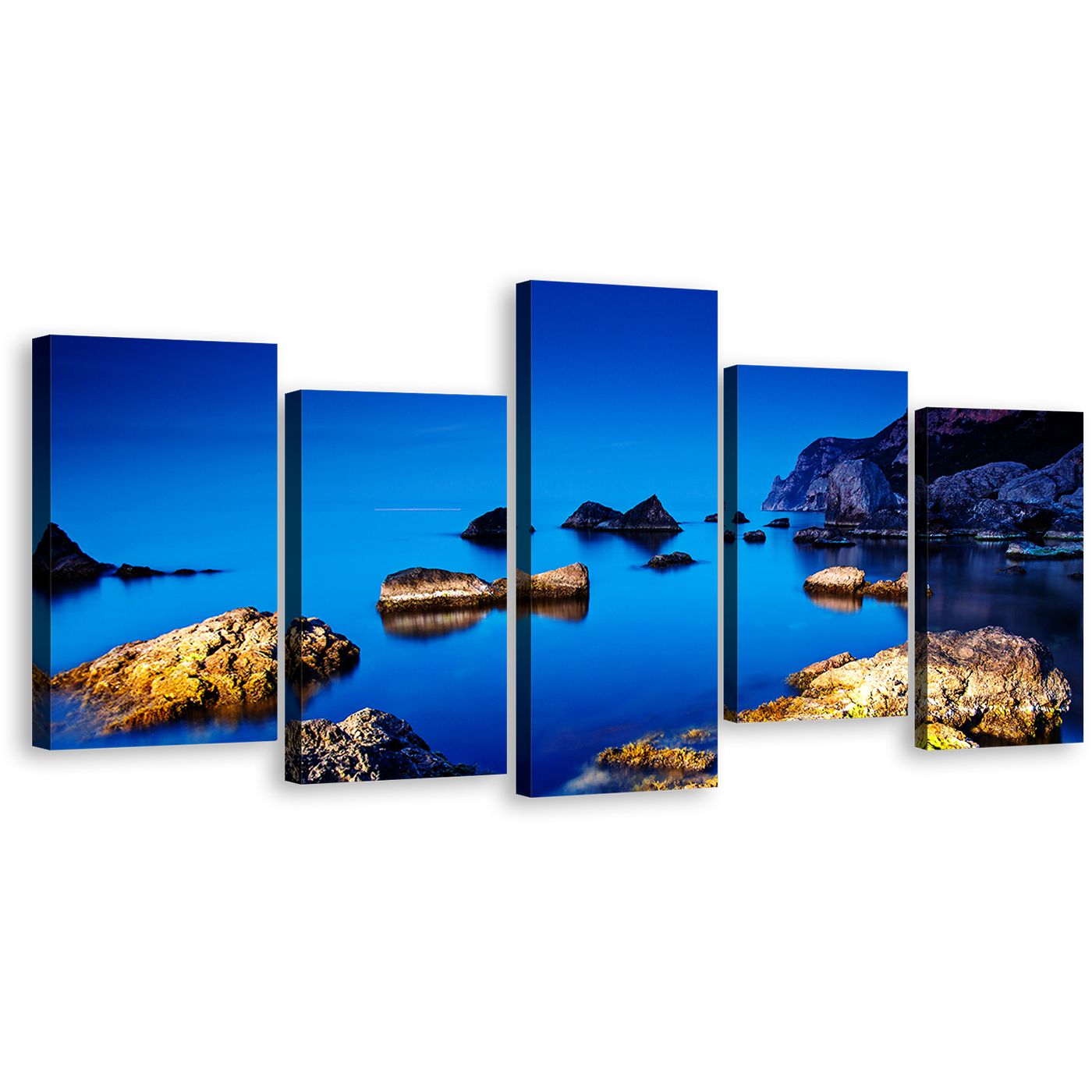 Ocean Rocks Canvas Wall Art, Ukraine Blue Ocean Multi Canvas Artwork, Brown Ocean Boulders 5 Piece Canvas Print