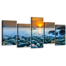 Load image into Gallery viewer, Ocean Rocks Canvas Wall Art, Vietnam Blue Ocean 5 Piece Canvas, Quy Nhon Bay Ocean Beach Canvas Print, Orange Sky Stony Ocean Multi Canvas Artwork
