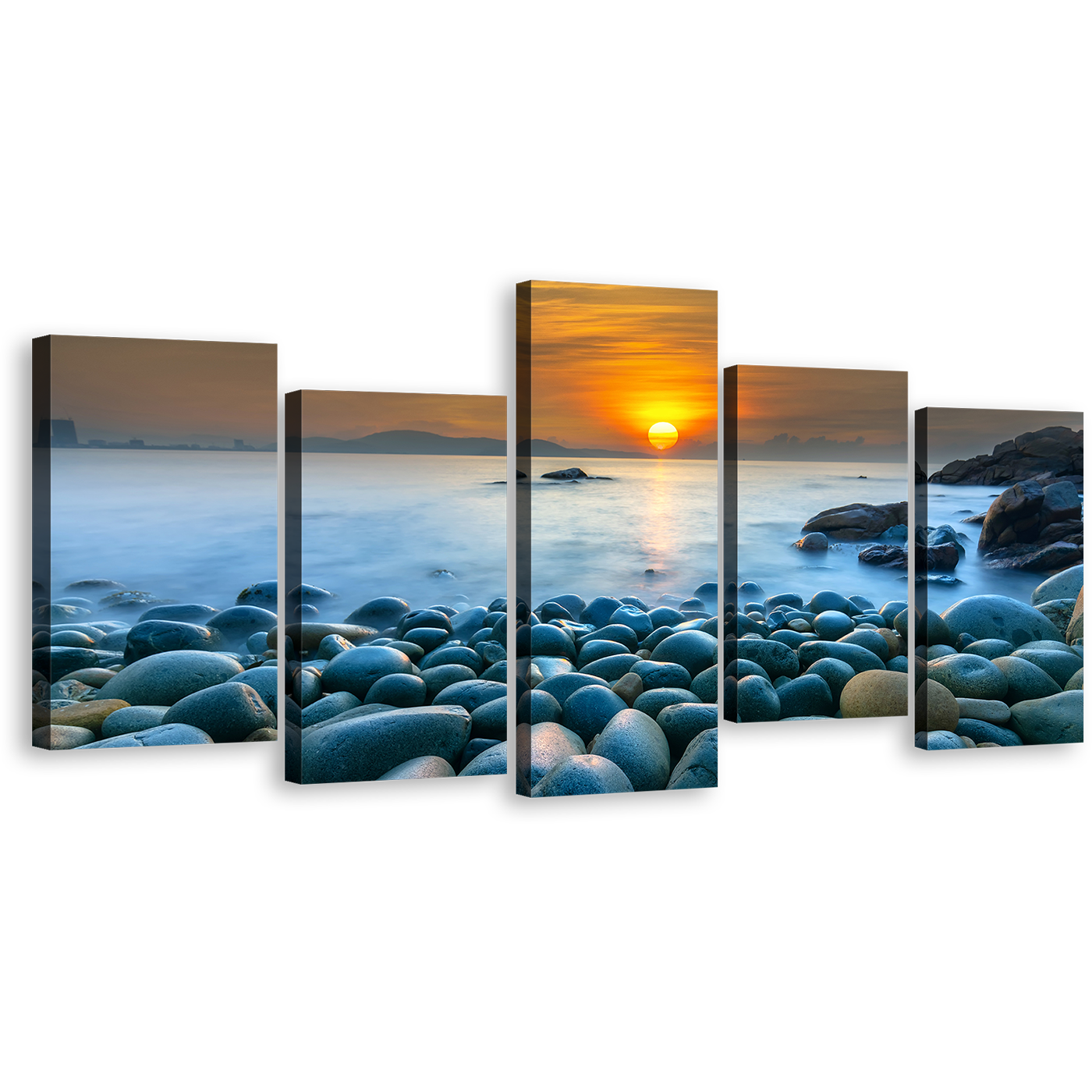 Ocean Rocks Canvas Wall Art, Vietnam Blue Ocean 5 Piece Canvas, Quy Nhon Bay Ocean Beach Canvas Print, Orange Sky Stony Ocean Multi Canvas Artwork