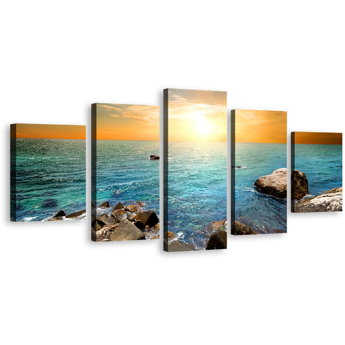 Ocean Rocks Canvas Wall Art, Yellow Sky Sunrise Canvas Print, Blue Sea Stony Beach 5 Piece Multi Canvas