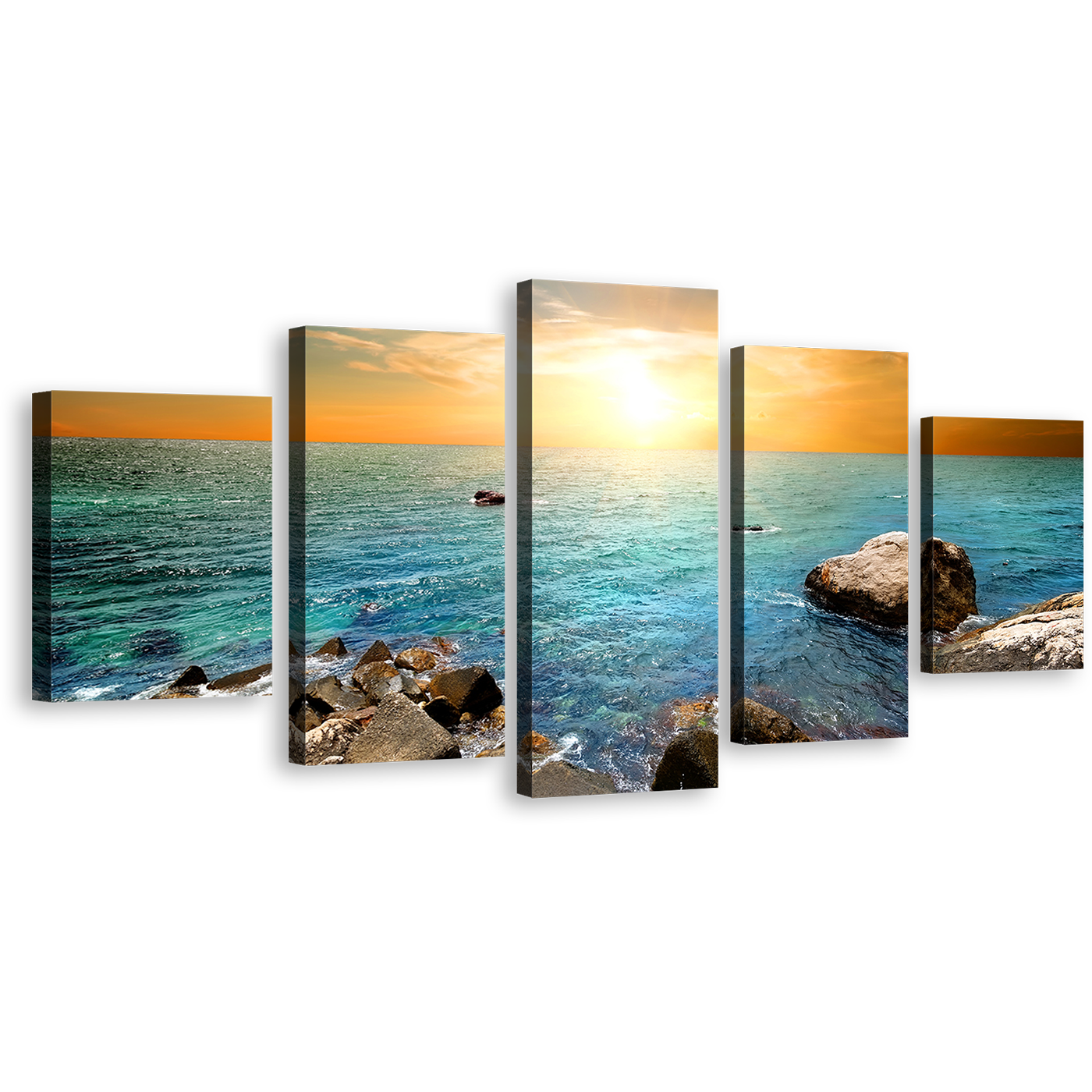 Ocean Rocks Canvas Wall Art, Yellow Sky Sunrise Canvas Print, Blue Sea Stony Beach 5 Piece Multi Canvas