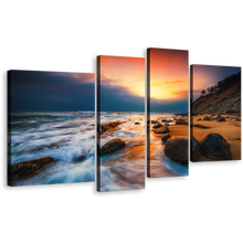 Load image into Gallery viewer, Ocean Rocks Canvas Wall Art, Yellow Sunset at Sea Canvas Set, Brown Ocean 4 Piece Canvas Print
