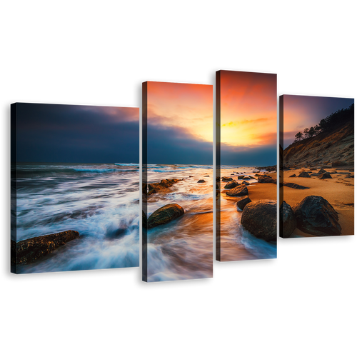 Ocean Rocks Canvas Wall Art, Yellow Sunset at Sea Canvas Set, Brown Ocean 4 Piece Canvas Print