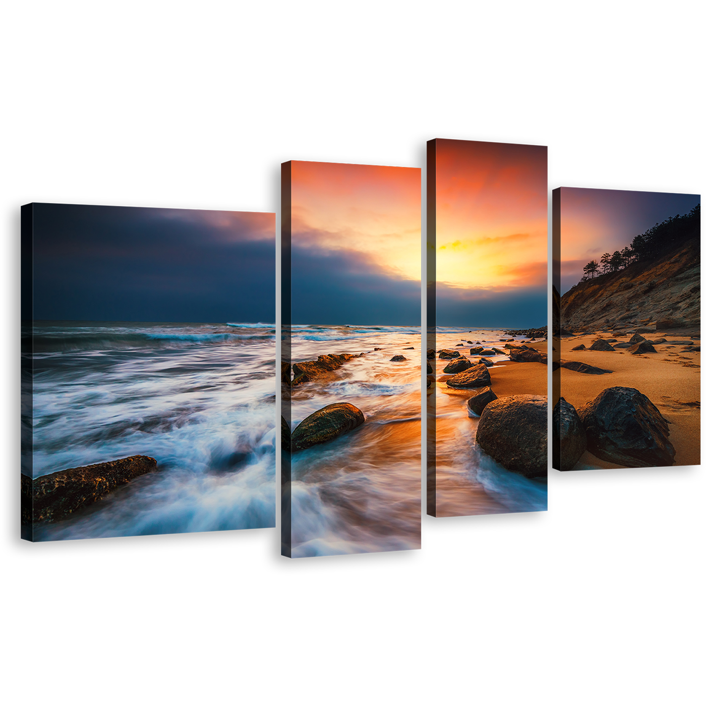 Ocean Rocks Canvas Wall Art, Yellow Sunset at Sea Canvas Set, Brown Ocean 4 Piece Canvas Print