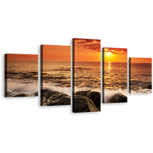 Load image into Gallery viewer, Ocean Rocks Canvas Wall Art, Yellow Sunset at Sea Canvas Set, Orange Sky Seascape Waves 5 Piece Canvas Print
