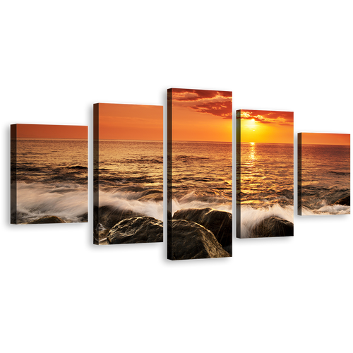 Ocean Rocks Canvas Wall Art, Yellow Sunset at Sea Canvas Set, Orange Sky Seascape Waves 5 Piece Canvas Print