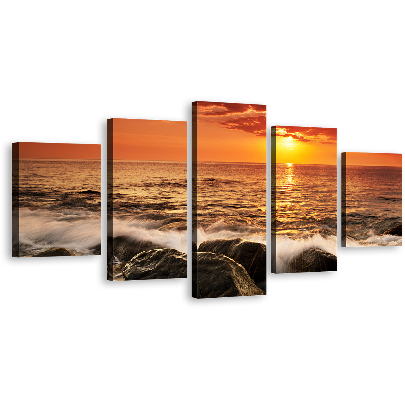 Ocean Rocks Canvas Wall Art, Yellow Sunset at Sea Canvas Set, Orange Sky Seascape Waves 5 Piece Canvas Print