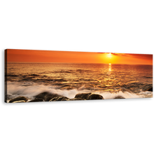 Load image into Gallery viewer, Ocean Rocks Canvas Wall Art, Yellow Sunset at Sea Wide Canvas, Orange Sky Seascape Waves Panoramic Canvas Print
