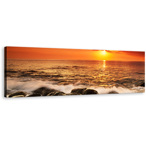 Ocean Rocks Canvas Wall Art, Yellow Sunset at Sea Wide Canvas, Orange Sky Seascape Waves Panoramic Canvas Print