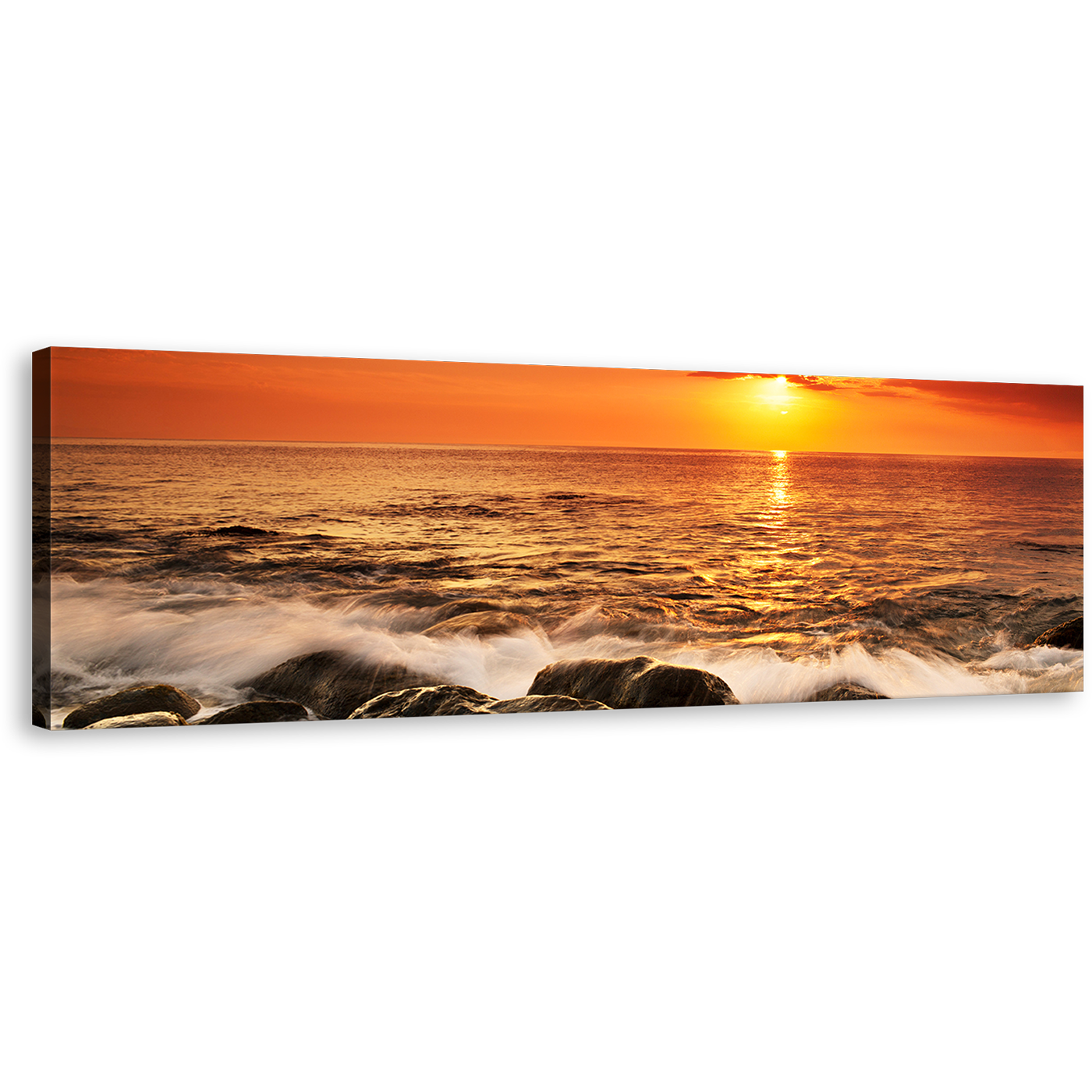 Ocean Rocks Canvas Wall Art, Yellow Sunset at Sea Wide Canvas, Orange Sky Seascape Waves Panoramic Canvas Print